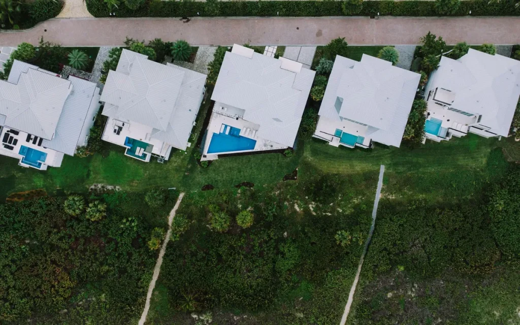 Aerial view of new homes, plumbing in Doral, FL