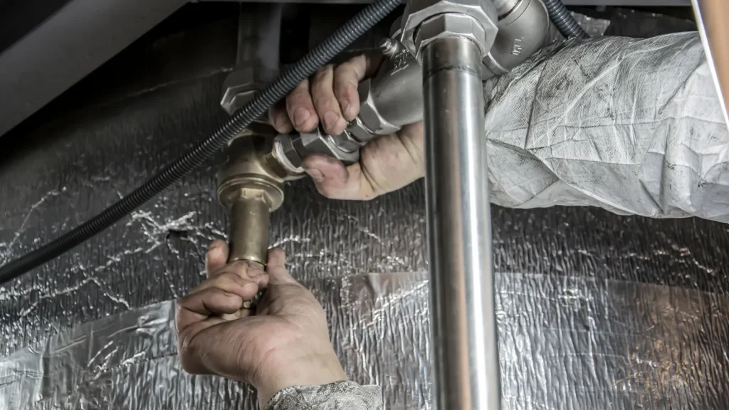 Plumber tightening a pipe fitting under a sink, plumber in Hialeah, FL